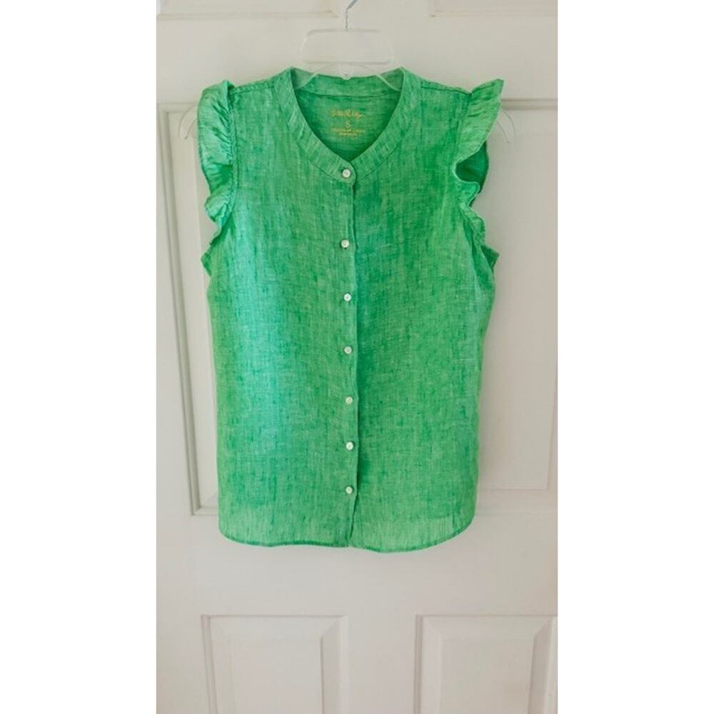Lilly Pulitzer Green Linen Sleeveless Button Down Ruffle Top S NWOT